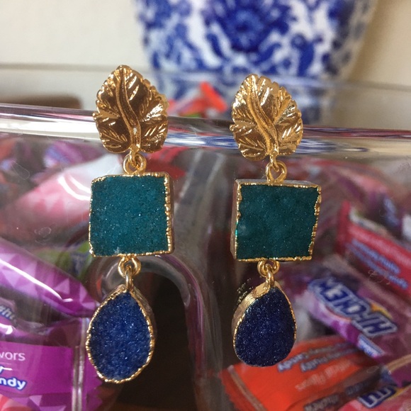 Hand Crafted Jewelry - Teal and dark blue in a pair of druzzy stones